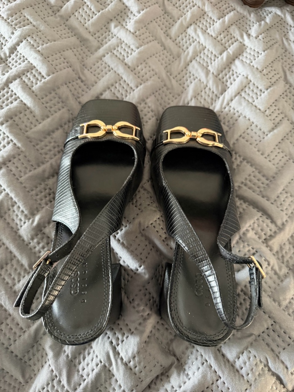 Black Slingback Flats with Gold Buckle Accent